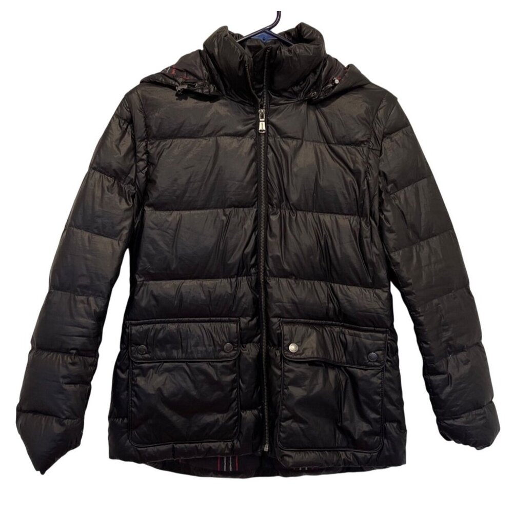 NWOT Lands End Black Hooded Puffer Jacket S (6-8) Red Plaid Lined Interior & Fro